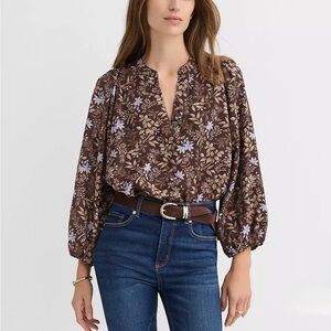Floral Print V-Neck Women's Blouse - Dark Brown with Lavender Flowers size M new